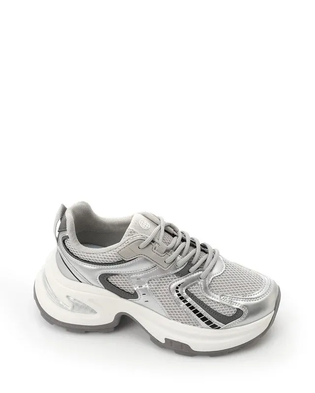 Grey & Metallic Silver Chunky Sneakers